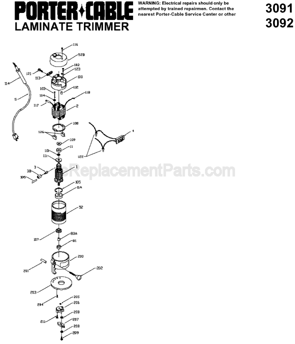 Page A Diagram and Parts List for 3091  Porter Cable Laminate Trimmer
